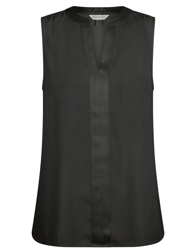 Satin Trim Sleeveless Blouse with LENZING™ ECOVERO™, Black (BLACK), large