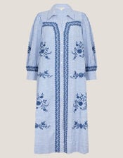 Marlowe Stripe Embroidered Midi Shirt Dress, Blue (BLUE), large