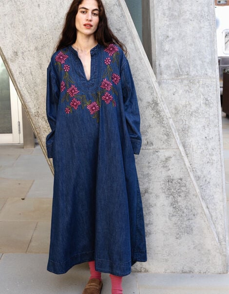 East Reyna Denim Embroidered Dress, Blue (INDIGO), large