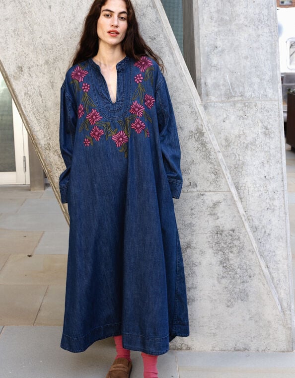 East Reyna Denim Embroidered Dress, Blue (INDIGO), large