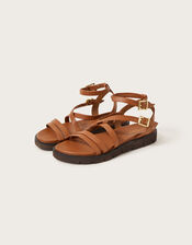 Strappy Flat Leather Sandals, Tan (TAN), large