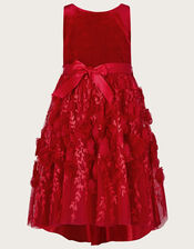 Velvet 3D Roses Dress, Red (RED), large