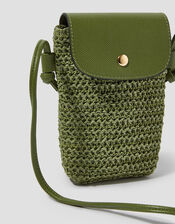 Rosie Raffia Phone Bag, Green (KHAKI), large