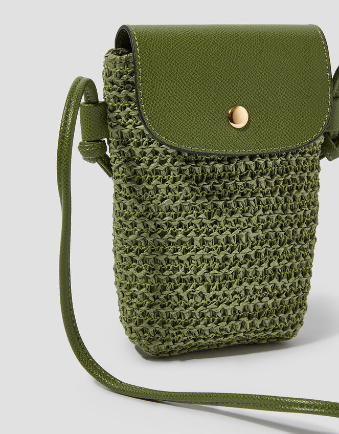 Rosie Raffia Phone Bag, Green (KHAKI), large