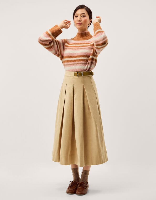 Poppy Buckle Pleated Midi Skirt, Natural (STONE), large