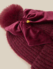 Velvet Bow Bobble Hat, Red (BURGUNDY), large