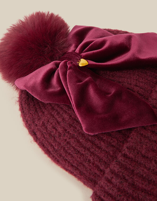 Velvet Bow Bobble Hat, Red (BURGUNDY), large
