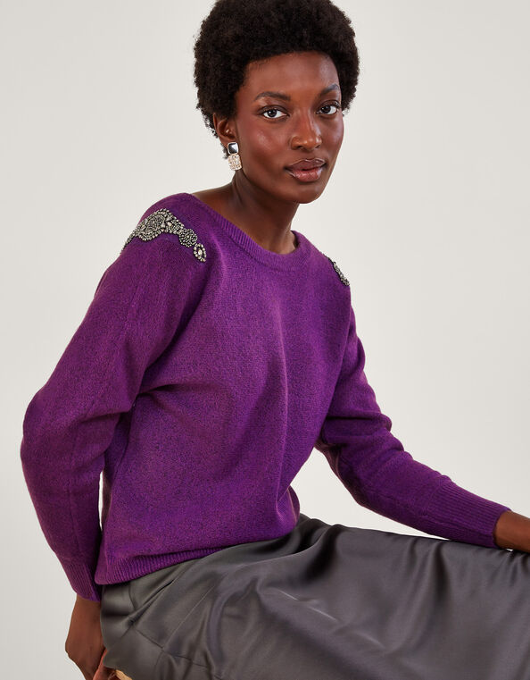 Emma Embellished Shoulder Sweater, Purple (PURPLE), large