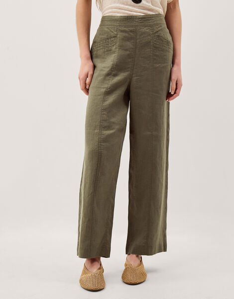 Lucy Short Straight Leg Linen Trousers, Green (KHAKI), large