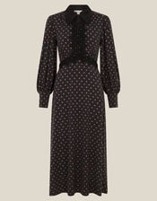 Sally Lace Polka Dot Jersey Midi Dress, Black (BLACK), large