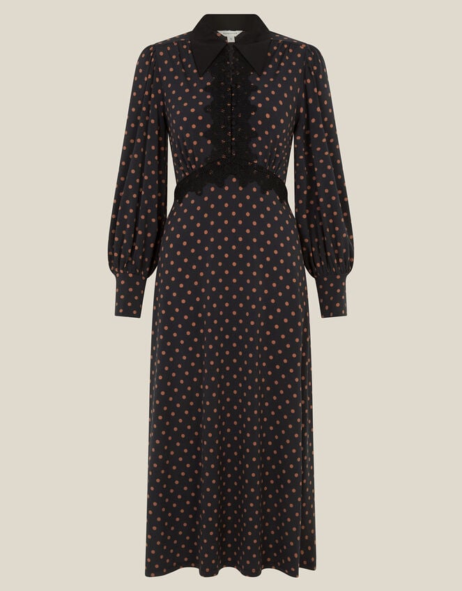 Sally Lace Polka Dot Jersey Midi Dress, Black (BLACK), large