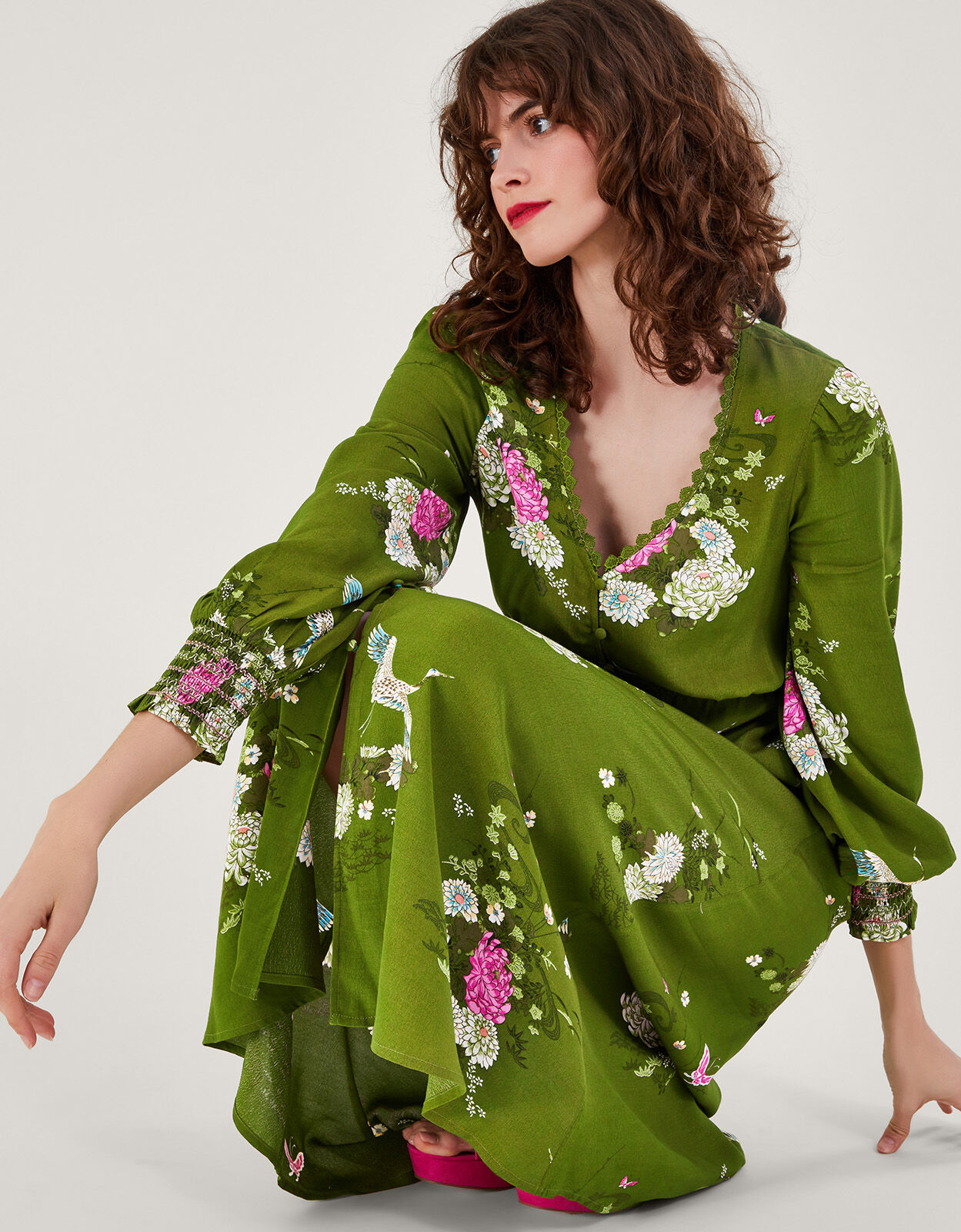 Drew Floral Print Tea Dress in Sustainable Viscose Green Day