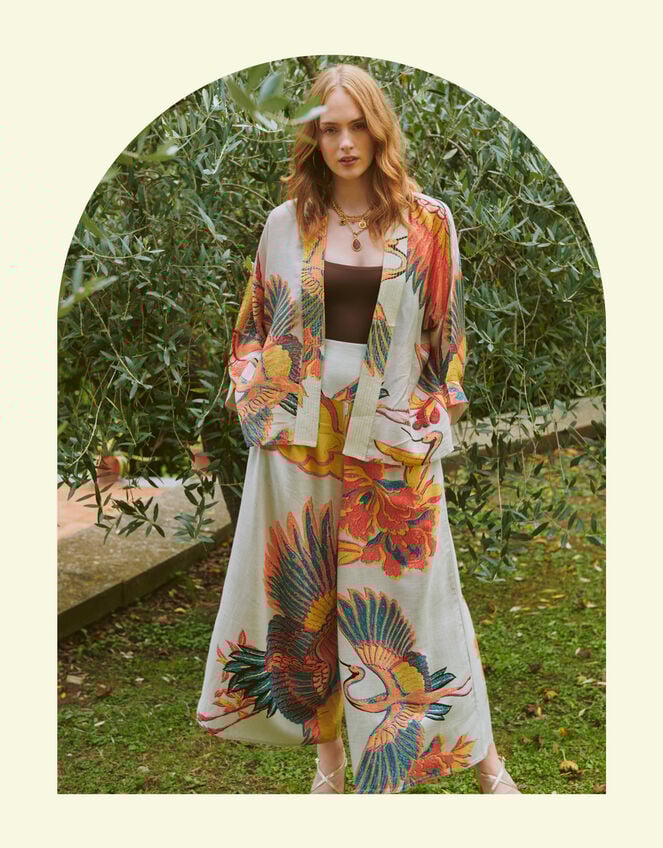 One Hundred Stars Crane Print Trousers, Natural (STONE), large