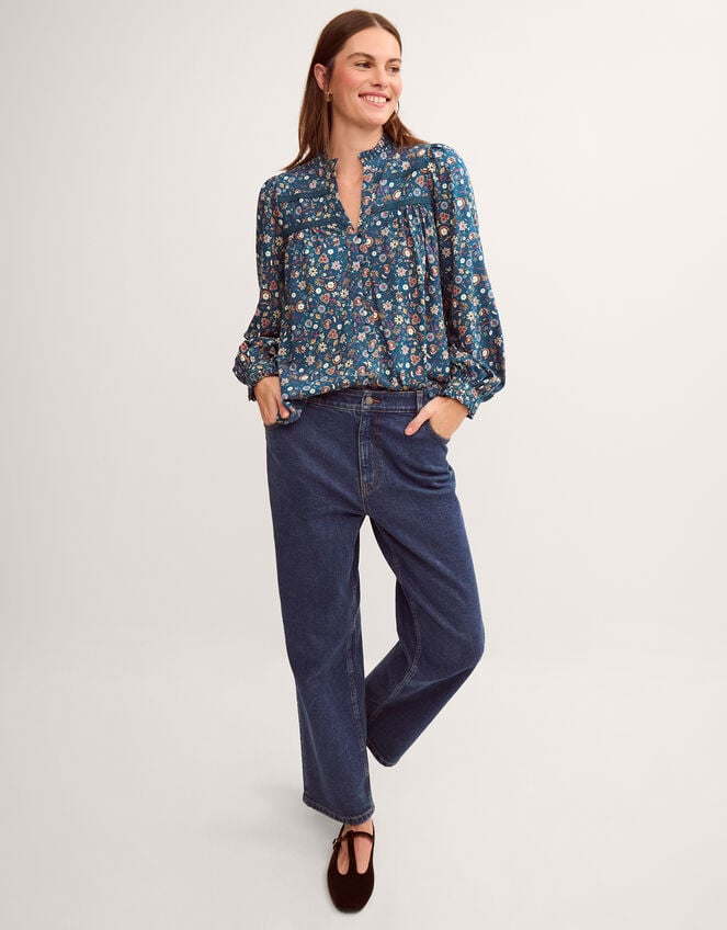 Francine Floral Jersey Blouse, Teal (TEAL), large