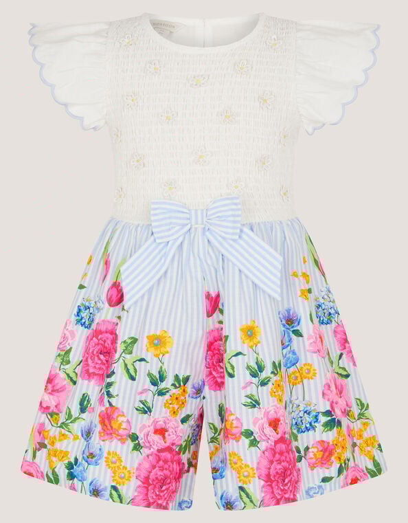 Floral Print Bow Shirred Romper, Blue (BLUE), large