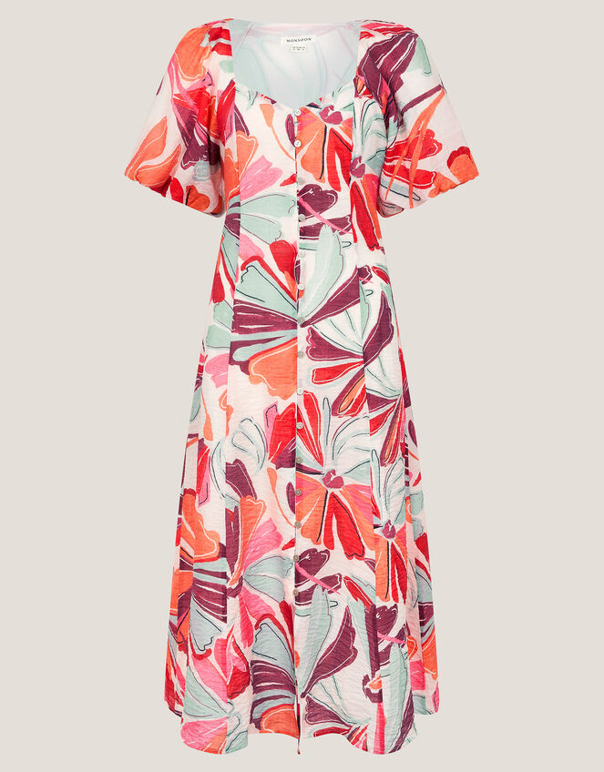 Elana Floral Puff-Sleeve Midi Dress, Ivory (IVORY), large