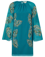 Cara Peacock Embroidered Cape Dress, Teal (TEAL), large