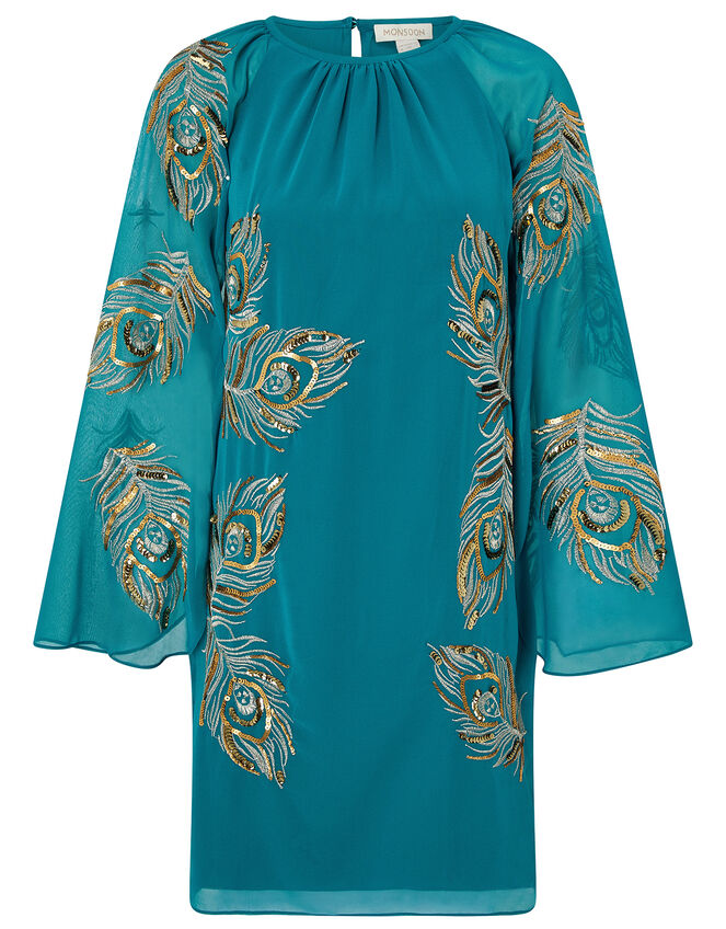 Cara Peacock Embroidered Cape Dress, Teal (TEAL), large