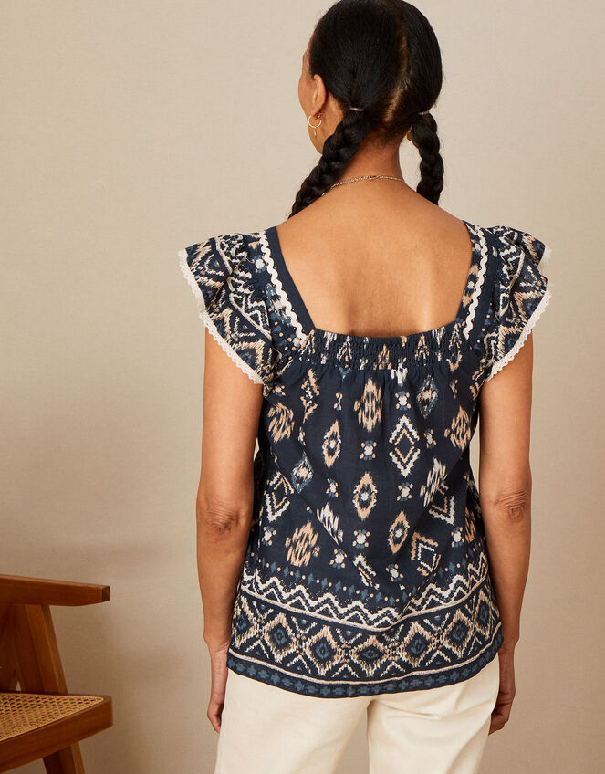 Square Neck Ikat Print Top in Sustainable Cotton, Blue (NAVY), large
