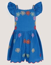 Floral Embroidered Scallop Playsuit, Blue (BLUE), large