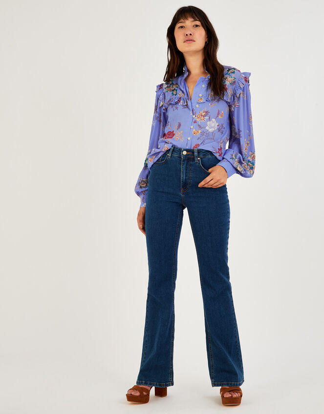 Floral Print Embroidered Blouse in Sustainable Viscose, Blue (BLUE), large