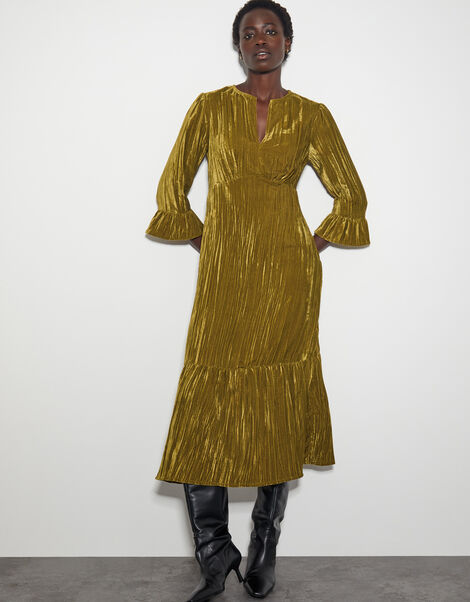 Mabel V-Front Crushed Velvet Midi Dress, Green (OLIVE), large