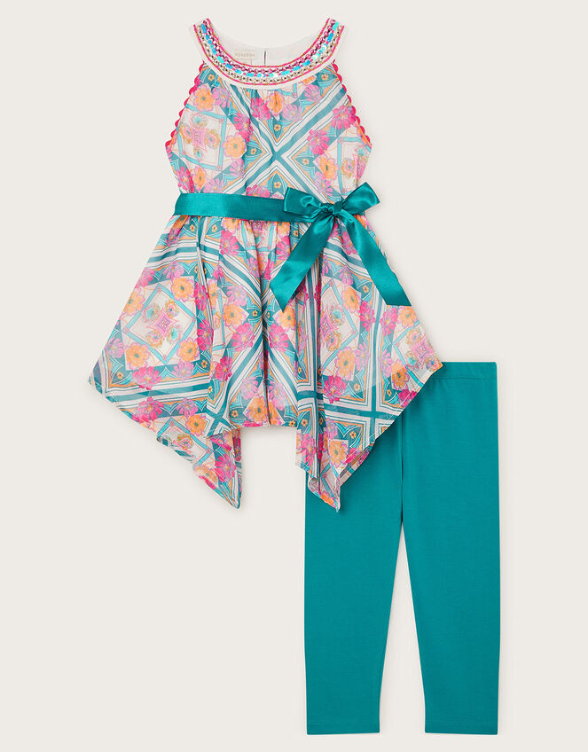 Hanky Hem Print Top and Leggings Set, Teal (TEAL), large
