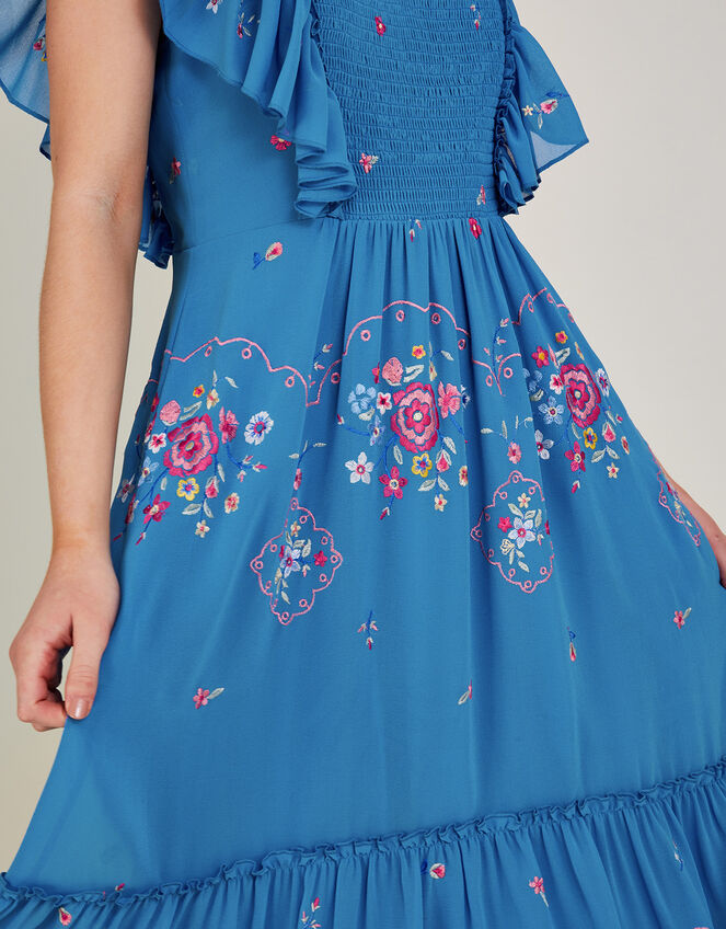 Sylvia Embroidered Midi Dress in Recycled Polyester, Blue (BLUE), large
