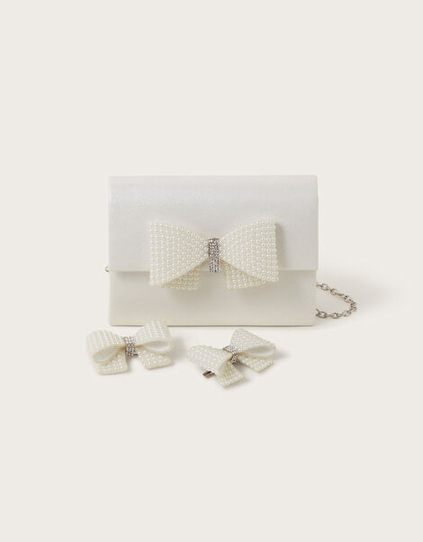 Pearl Bow Bag and Hair Clips Set, , large