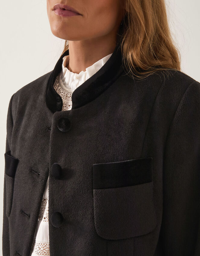 Viv Velvet Trim Military Coat, Black (BLACK), large