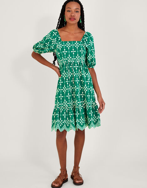 Embroidered Puff Sleeve Short Dress in Sustainable Cotton, Green (GREEN), large