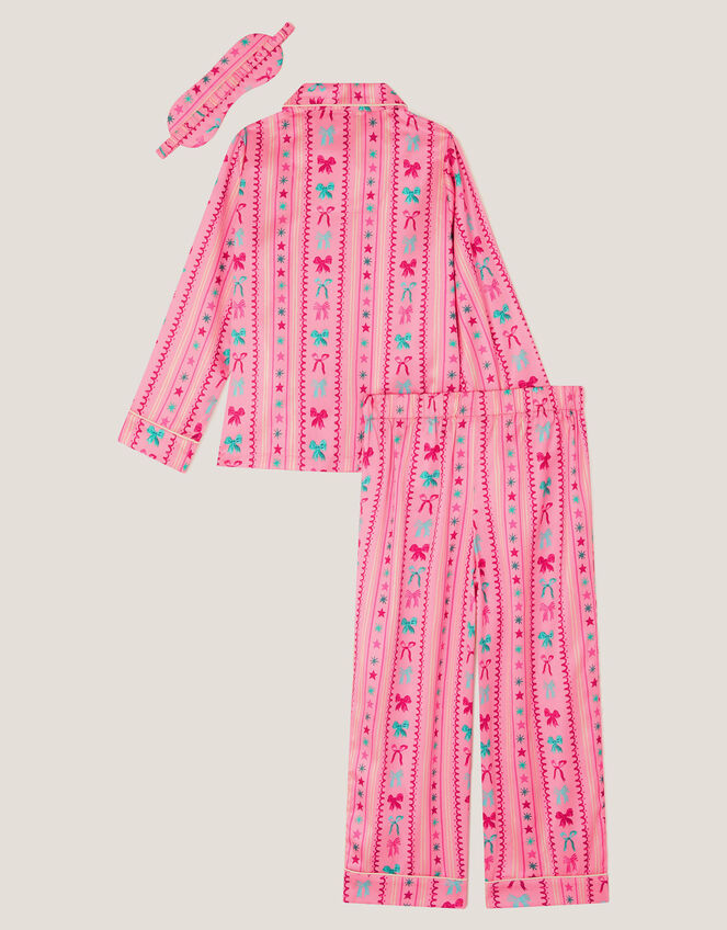 Bow Print Satin Long Pyjamas & Sleep Mask Set, Pink (PINK), large