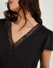 Lace V-Neck Short Sleeve Top in Linen Blend, Black (BLACK), large