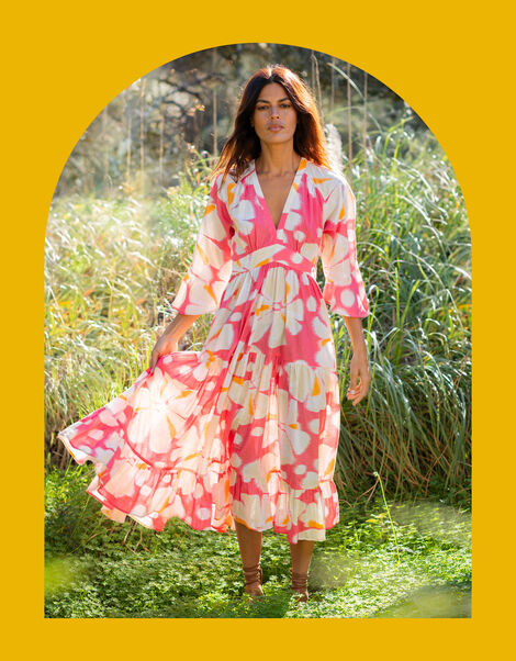 La Galeria Elefante Print Tiered Midi Dress, Orange (ORANGE), large