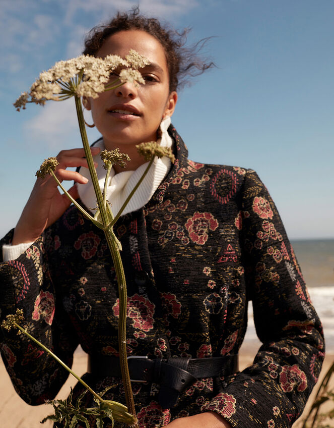Jackie Floral Jacquard Coat, Black (BLACK), large