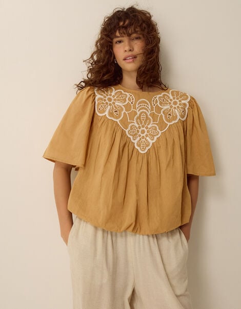 Delta Embroidered Bubble Hem Top, Camel (CAMEL), large
