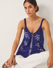 Fern Embroidered Crinkle Cami Top, Blue (BLUE), large