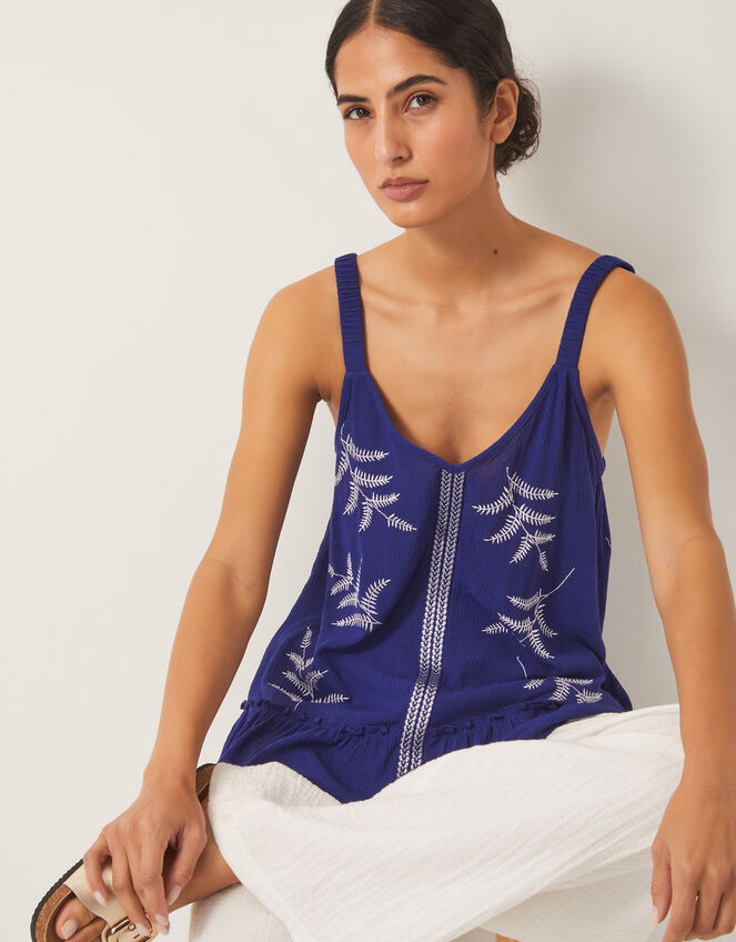 Fern Embroidered Crinkle Cami Top, Blue (BLUE), large