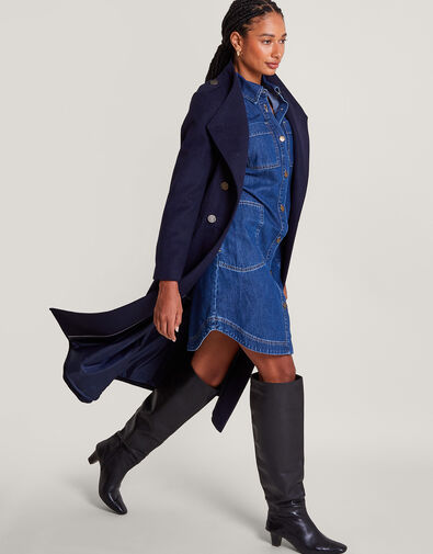 Vanessa Skirted Coat in Wool Blend Blue, Blue (NAVY), large