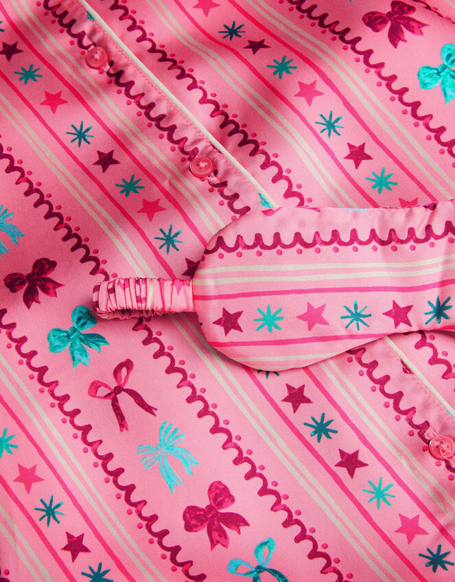Bow Print Satin Long Pyjamas & Sleep Mask Set, Pink (PINK), large