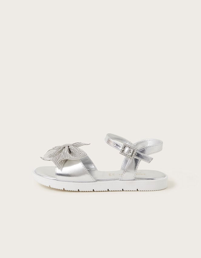 Diamante Bow Metallic Sandals, Silver (SILVER), large