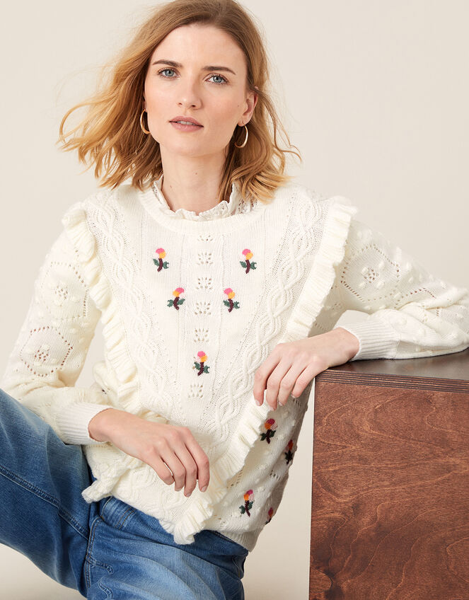 Embroidered Chunky Knit Jumper, Ivory (IVORY), large