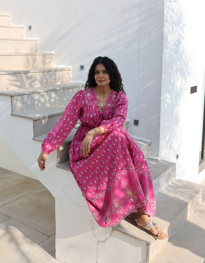 Dilli Grey Fifi Block Print Midi Dress, Pink (MAGENTA), large