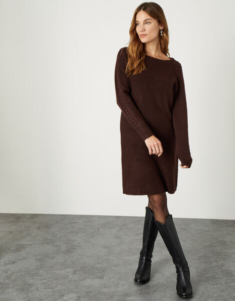 Cosy Cable Crew Neck Knit Dress Brown, Brown (CHOCOLATE), large