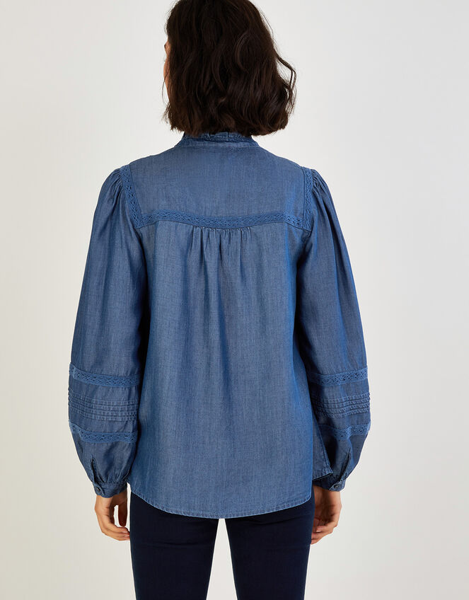 Lace Insert Denim Chambray Blouse, Blue (DENIM BLUE), large