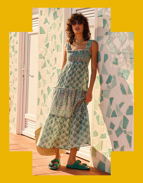 Petite Mendigote Ron Floral Tiered Midi Dress, Green (GREEN), large