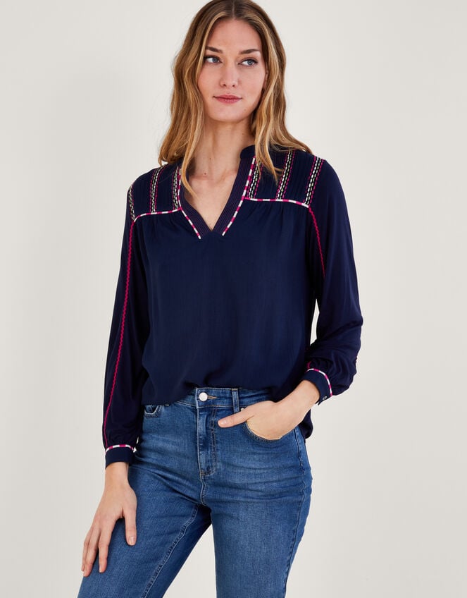 Embroidered Tape Sleeve Jersey Top, Blue (NAVY), large