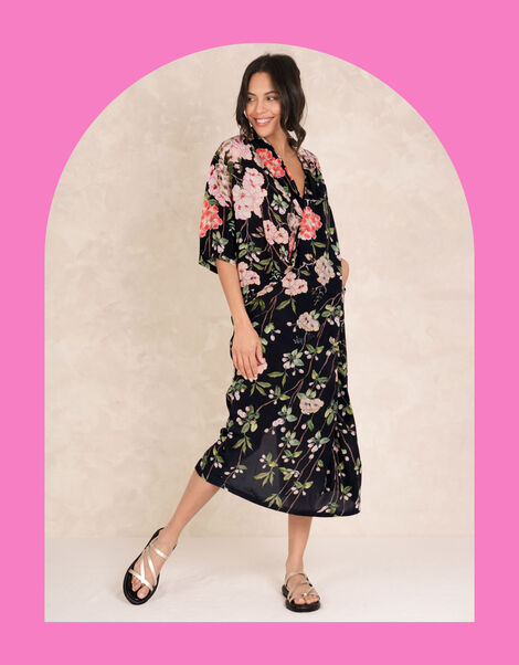 One Hundred Stars Rachel Blossom Midi Dress, Black (BLACK), large