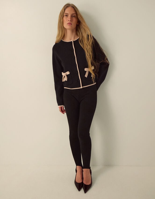 Monsoon x Queens of Archive Paris Round Neck Bow Contrast Cardigan​, Black (BLACK), large