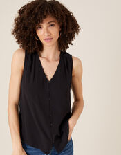 Button Front V-Neck Tank Top, Black (BLACK), large